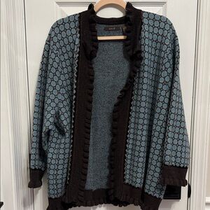 Heather B Blue and Brown Open Front Ruffle Cardigan Sz 1X